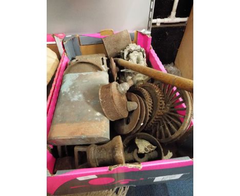Miscellaneous engineer's items to include motors, tools, weights, cogs, pulleys etc