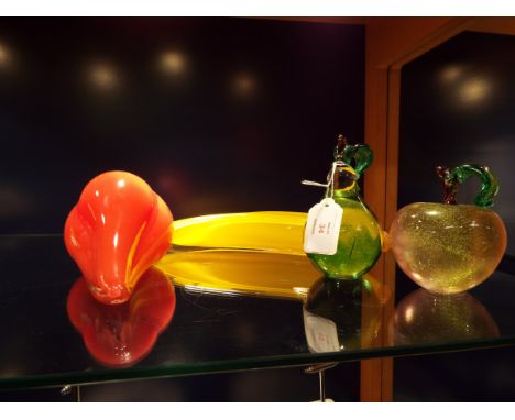 Two Bohemia art glass paperweights in the form of an apple and pear together with an art glass banana and pepper