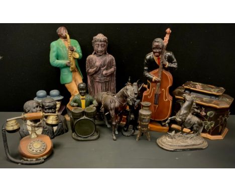 A patinated spelter figure, Marley Horse;  Minstrel Musicians, leather Race Horse,  coffee grinder,  cradle telephone etc 