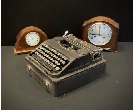 A Bar-Lock Dine portable typewriter, 1930s,  Edwardian inlaid mantel clock etc (3) 
