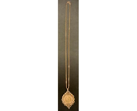 An Elizabeth II full Sovereign pendant necklace, London mint, 1974, 9ct gold pendant mount and box link chain, 18.4g gross 