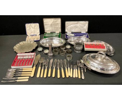 Silver Plated Ware - various, E.P.N.S entrée dishes; flatware; a Liberty Tudric pewter sugar basin; etc 