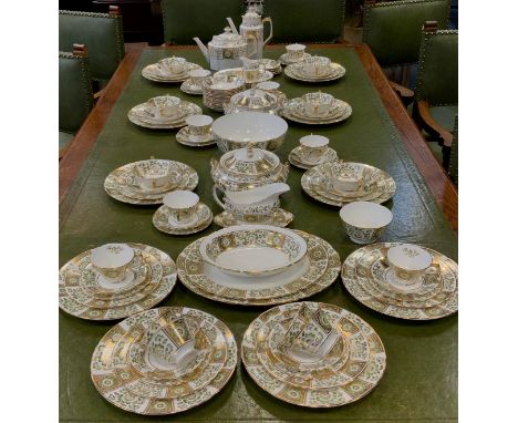 An extensive Royal Crown Derby ‘Green Derby Panel’ table service for ten comprised; tea pot, coffee pot, milk jug, sugar bowl