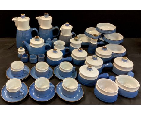 A Denby pottery blue and white two tone table service for six including coffee pot, tea pot, six tea cups and saucers, six bo