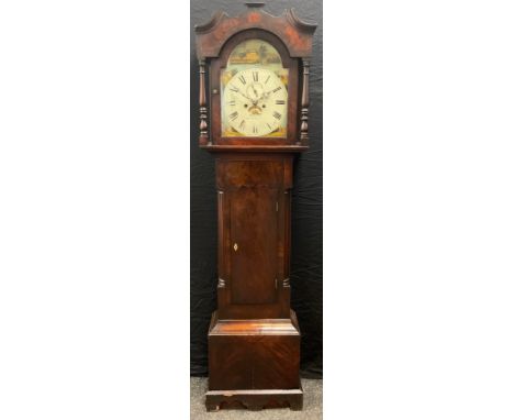 A 19th century mahogany Longcase clock, eight-day movement, painted dial, with Roman numerals, subsidiary minutes dial, 195.5