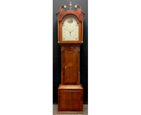 A 19th century cross banded oak and mahogany longcase clock, painted dial named Prince Hunslet, Arabic numerals, subsidiary d