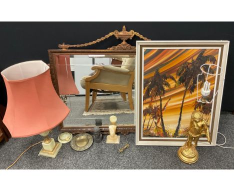 A green onyx and gilt metal table lamp;  another gilt Eros,  carved stone busts,  Palm Tree sunset, indistinctly signed, oil 