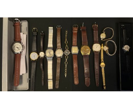 Watches - Bulova Day Date automatic 23 jewel wristwatch, brushed gold coloured case and dial, block baton markers, red centre