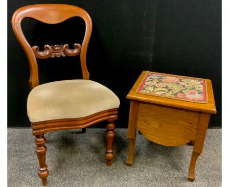 An oak tapestry topped commode stool;  Victorian mahogany balloon back dining chair, carved rail (2) 