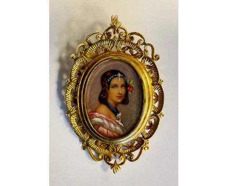 A 19th century style oval hand painted portrait miniature pendant brooch, Girl in Evening Dress with Red Flower in her hair, 