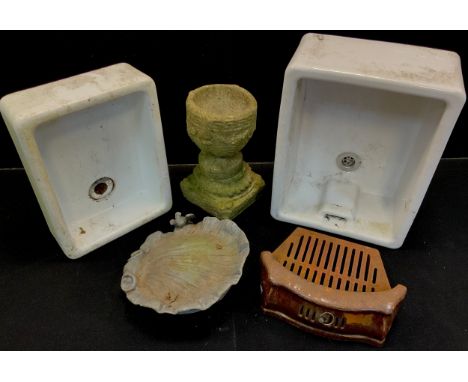 Architectural salvage - A Belfast sink, 25cm high x 58cm x 45cm, and another, smaller, 15.5cm x 52cm x 38cm;  garden statuary