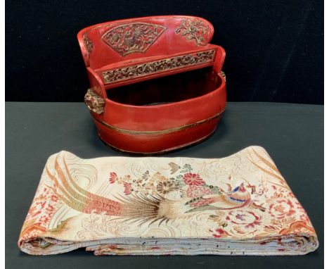 A Japanese lacquered oval rice bucket, ornate galleried top tier with pierced shelf and frieze, arched crest, carved handles 