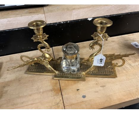 GILT BRASS DRAGON CANDLESTICK CUT GLASS INKSTAND