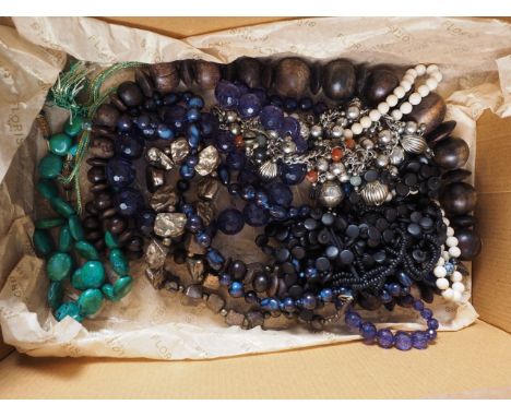 A five-strand silver necklace, a horn bead necklace, a coral necklace and other costume jewellery, in a rosewood and inlaid b