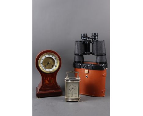 An Edwardian walnut and inlaid balloon clock, 11 1/2" high, a 1977 silver jubilee carriage clock, 5 1/2" high, and a pair of 