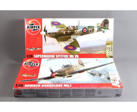 An Airfix 1/24 scale Spitfire kit with instructions and decals (no paints), boxed, and an Airfix 1/24 scale Hurricane with in