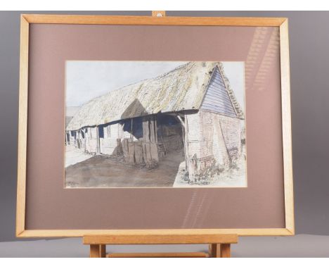Harold Hussey, 1933: two pen and wash studies, Barn at Parmoor, 10 1/4" x 15", and weighing scales, 12" x 8 1/4", in strip fr