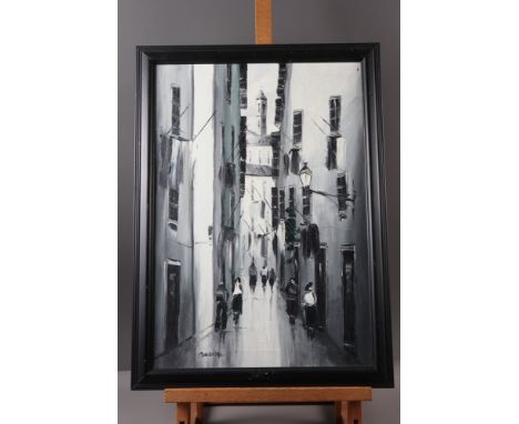 A contemporary oil on canvas, black and white street scene, 19" x 13", in ebonised frame, another similar, boats at sea, Gina
