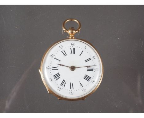 A Continental yellow metal cased open faced fob watch with white enamel dial and Roman numerals, 23.6g gross