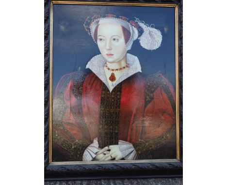 A modern oil on canvas, portrait of Catherine Parr, 30" x 23", in ebonised frame