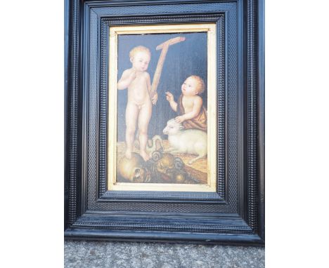 An oil on board, after Lucas Cranach, Young Christ adored by Saint John the Baptist, 17" x 10", in ebonised frame