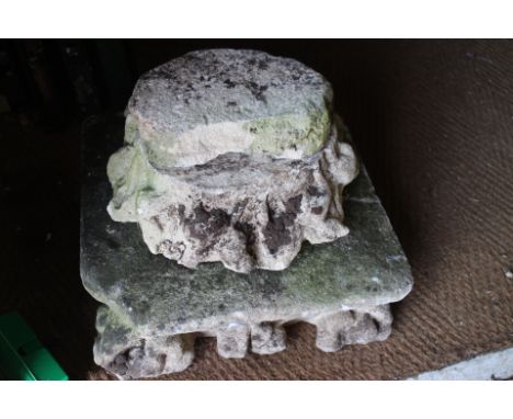 A carved sandstone capital, 15" square (for restoration)