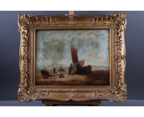 Keen: a 19th century oil on canvas, fishing boat drawn up on a beach, 11 3/4" x 15 1/2", in gilt frame, and a landscape, 8 1/