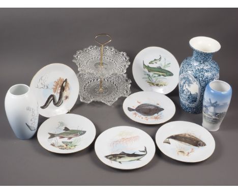 A Royal Copenhagen vase with windmill design, 6 1/2 high, a similar vase with lily-of-the-valley, a set of six fish decorated