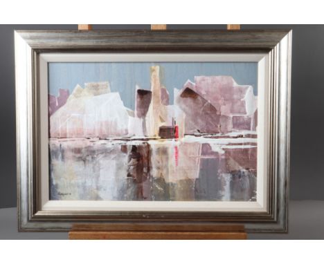 Pat Good: acrylics, "The Red Door" abstract buildings, 14 1/4" x 9 1/2", in silvered frame, and J Darley: oil on panel, abstr