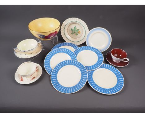 An A E Gray pottery bowl with floral decoration, 8" dia x 3 1/2" high, two Susie Cooper teacups and saucers, a similar soup b