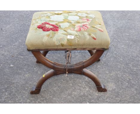 A William IV carved mahogany and frame stool with "carpet work", upholstered seat, 20" wide x 18" deep x 19" highCondition re