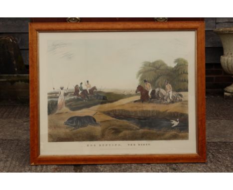 Four 19th century hand-coloured Indian hunting scenes, hog hunting, in maple frames
