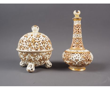 A Zsolnay cream and gilt reticulated bulbous sprinkler bottle vase and cover, 7 1/2", and a similar two-section spherical vas