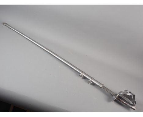 An Italian officer's Solingen etched blade dress sword with basket hilt and scabbard, blade 34 1/4" long