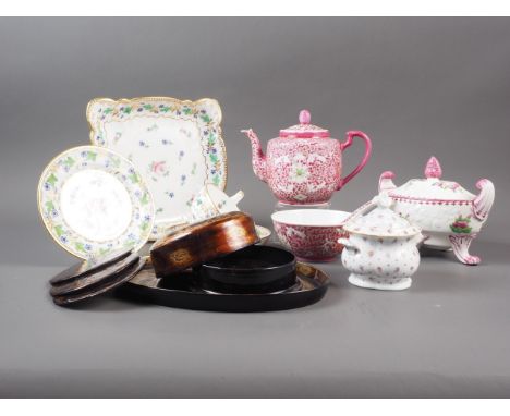 A Derby style square sandwich plate, a matching teacup and saucer, a ceramic sucrier and cover, a Chinese porcelain teapot, a