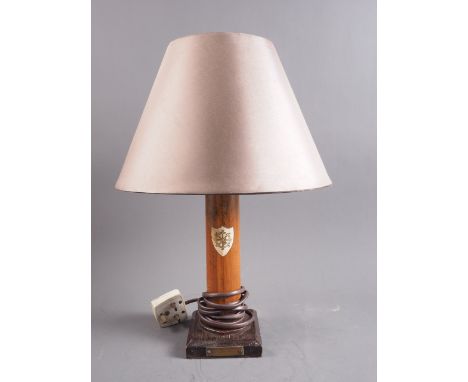 A pine table lamp with naval themed decoration and presentation plaque, "Presented to our Coach P B D Sutherland, 1949", on s