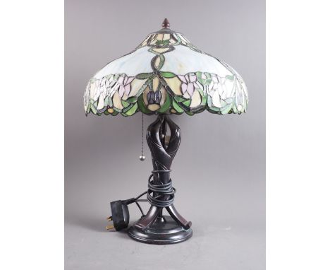 A well produced Tiffany style table lamp, on open work base, 22" high