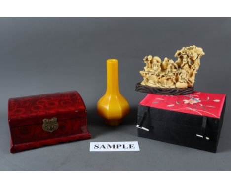 A Chinese yellow Peking glass faceted bulbous and sprinkler bottle vase with four-character mark to base, 7 1/2" high, a jewe