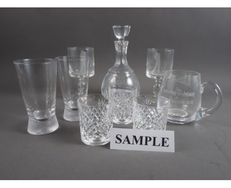 A collection of modern cut glass, a cut glass decanter, and other glass, a&nbsp;set of six porcelain figures of ballet dancer