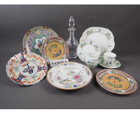 Three 19th century Spode soup plates, an Imari lobed plate, three Chinese plates, a part tea service, two decanters, etc