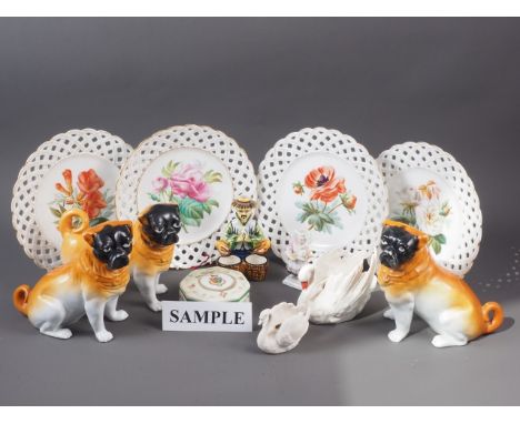 A set of four Continental reticulated plates with floral decoration, 9" dia, three model pugs, two Goebel model swans and oth