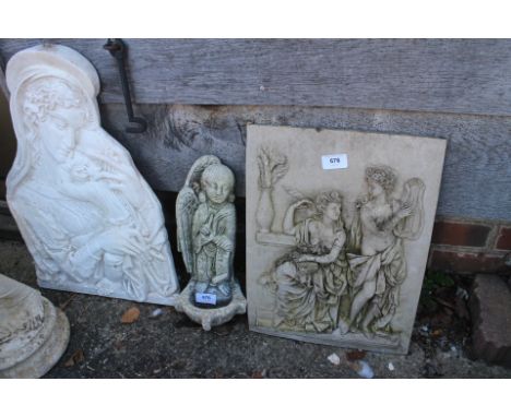 A painted composition figure, Madonna and child, a cast stoup, formed as a winged angel, and a relief moulded plaque, classic