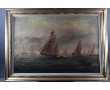 B Bauckham, 1909: oil on canvas, fishing boats, 19" x 29", in gilt frameCondition:Very grubby.Cracking to the paint.A few sma