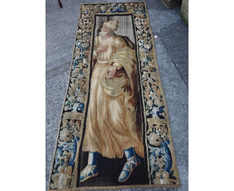 An 18th century Aubusson/Flemish tapestry panel, full length portrait of a biblical figure, 86" x 38"Condition report:Several