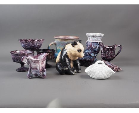 A collection of Sowerby glass, a Sowerby reference book, a Bourne Derby blue glazed jug and a Sylvac panda