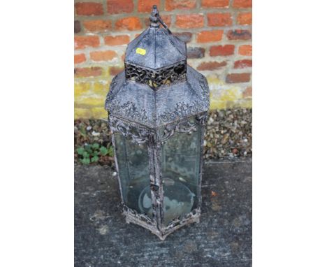 A black painted octagonal hanging lantern, 28 1/2" high
