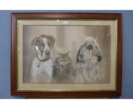 * Holloway, pastel portrait of two dogs and a cat, framed 