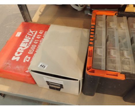 Screwfix toolbox box of cased tools fittings and a box of hinges
