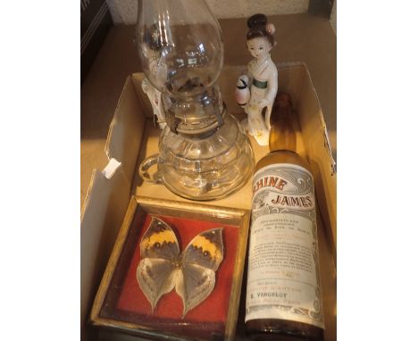 Cased butterfly lamp and French oil bottle