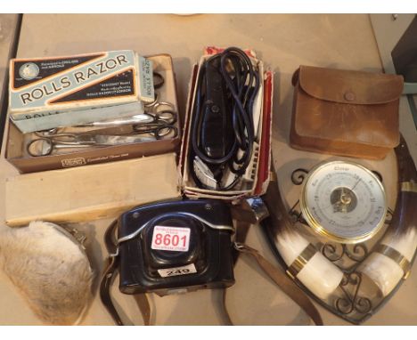 Mixed lot including barometer horns kangaroo purse rolls razor haling 35mm camera mens vanity set